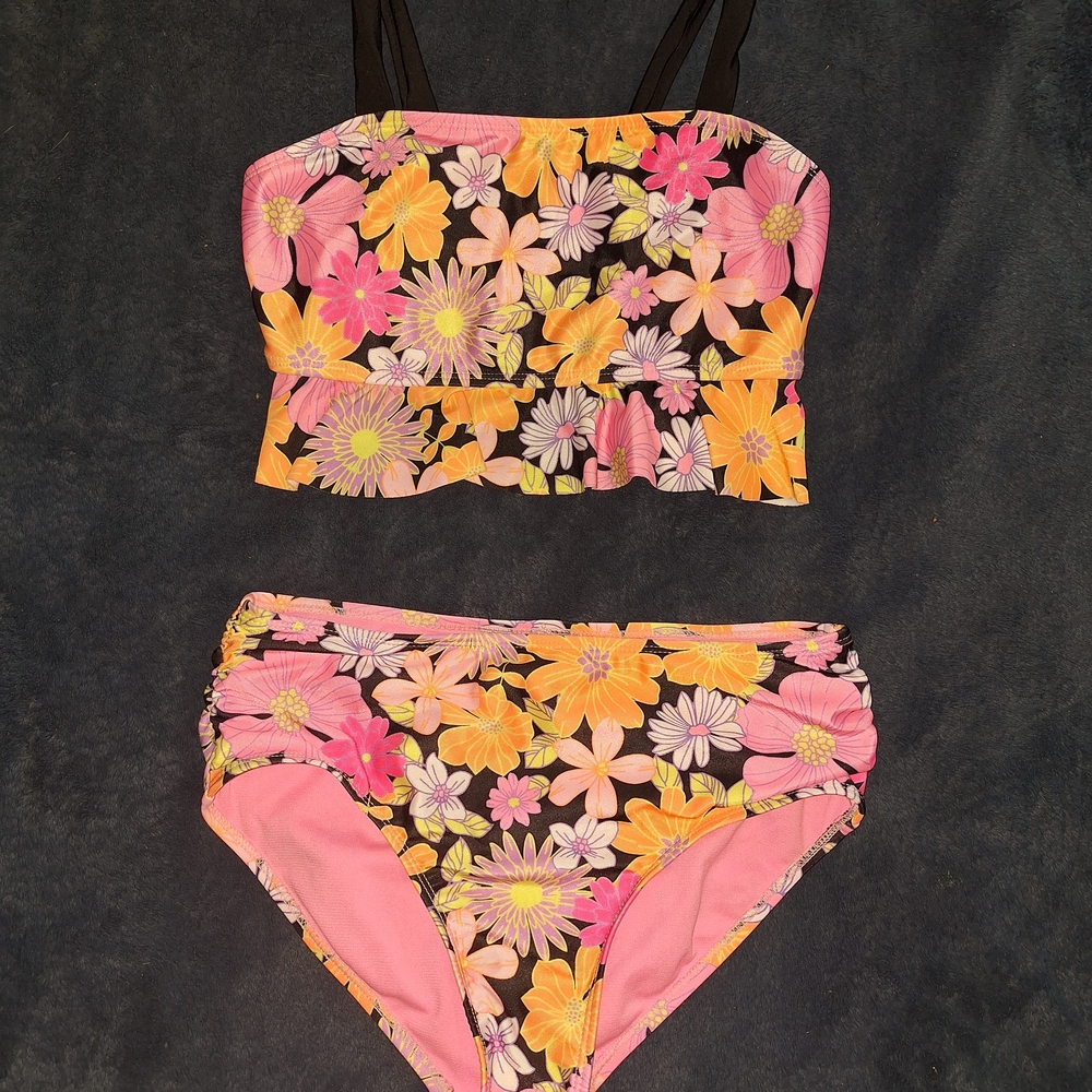 Floral Bikini Set with Pink and Orange Flowers